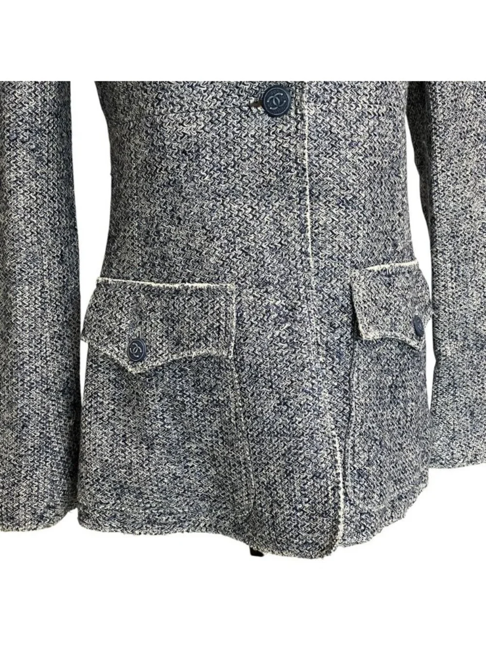 Chanel Lining Camellia CC Logo Button Linen Summer Tweed Jacket 38 Navy